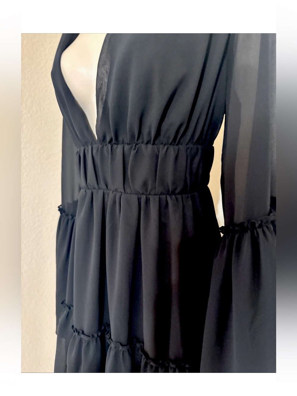 Women’s Black Plunging Neck Frill Ruffle Hem Chiffon Dress Size XL - Picture 12 of 16